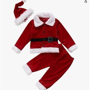 NEW SANTA Velvet Long Sleeve Outwear Jacket & Long Pants & Hat Christmas 18-24 M
